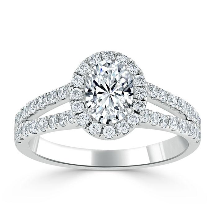 1.60ct Oval Cut Moissanite Halo Engagement Ring, Tiffany Style,  Available in White Gold, Platinum, Rose Gold or Yellow Gold
