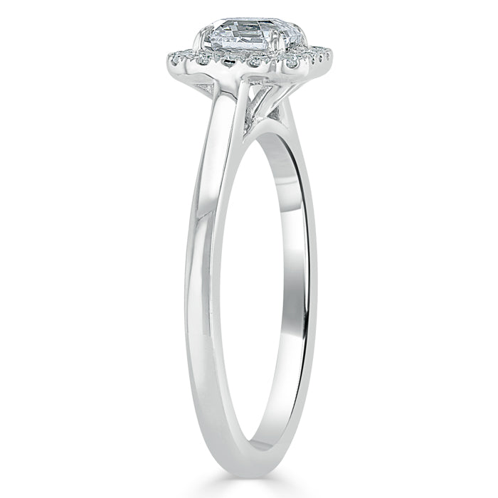 0.75ct Asscher Cut Moissanite Halo Engagement Ring, Available in White Gold or Platinum