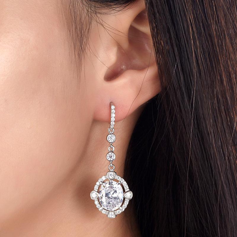 5.00ct ech, Art Deco Vintage, Oval Cut Diamond Halo Drop Earrings, 925 Silver