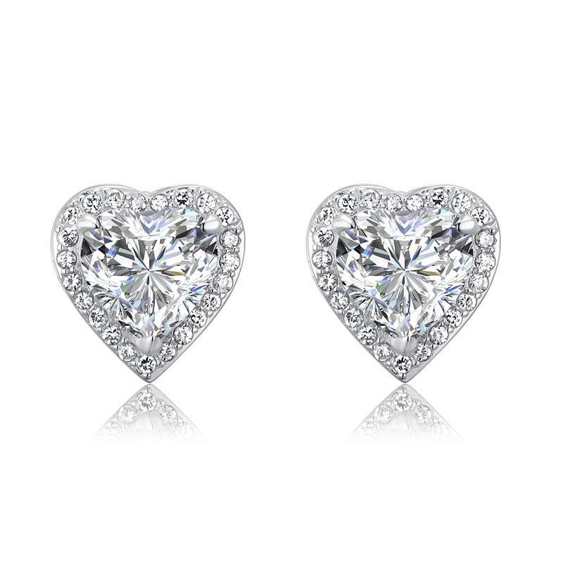 3.00ct each, Classic Heart Cut Diamond Halo Stud Earrings, 925 Sterling Silver