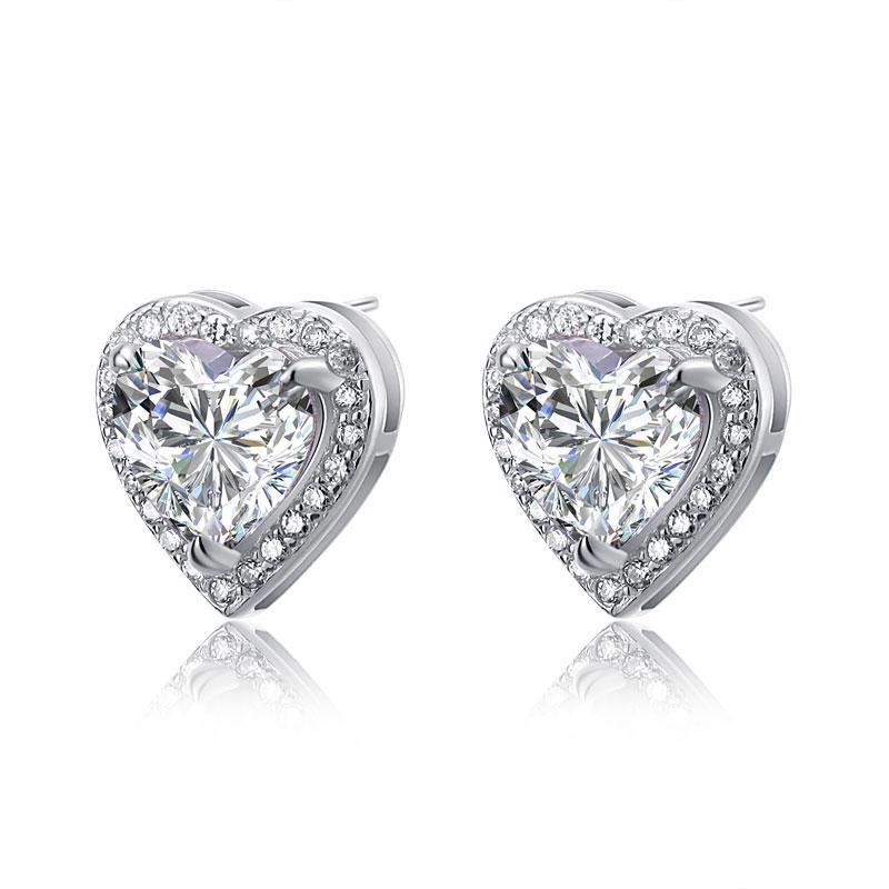 3.00ct each, Classic Heart Cut Diamond Halo Stud Earrings, 925 Sterling Silver