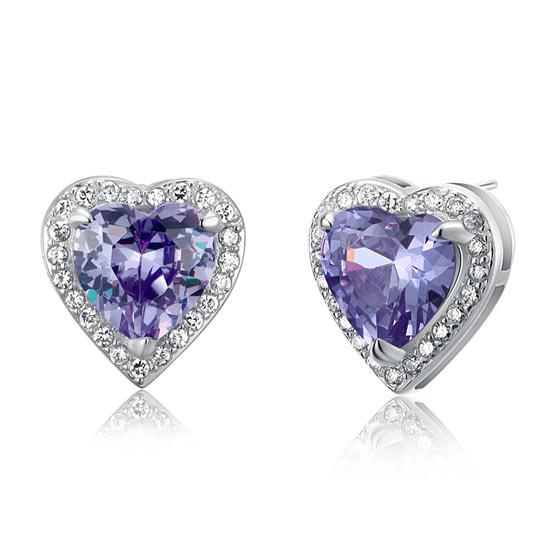 3.00ct each, Puple Diamond, Classic Heart Cut Diamond Halo Stud Earrings, 925 Sterling Silver