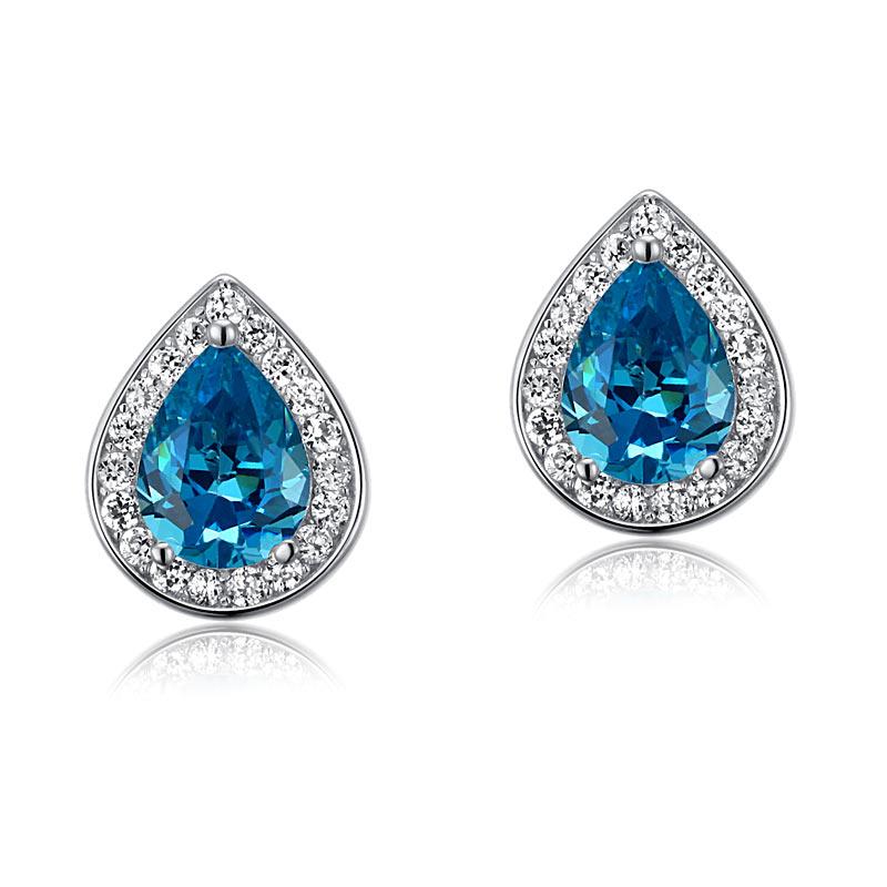 1.00ct each, Blue Diamond, Pear Cut Diamond Halo Stud Earrings, 925 Sterling Silver