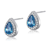 1.00ct each, Blue Diamond, Pear Cut Diamond Halo Stud Earrings, 925 Sterling Silver