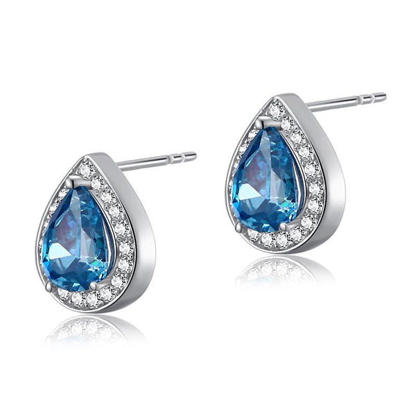1.00ct each, Blue Diamond, Pear Cut Diamond Halo Stud Earrings, 925 Sterling Silver