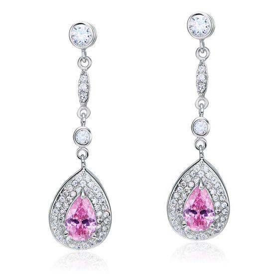 1.50ct each, Vintage Art Deco, Pear Cut Pink Diamond Drop Earrings, 925 Sterling Silver