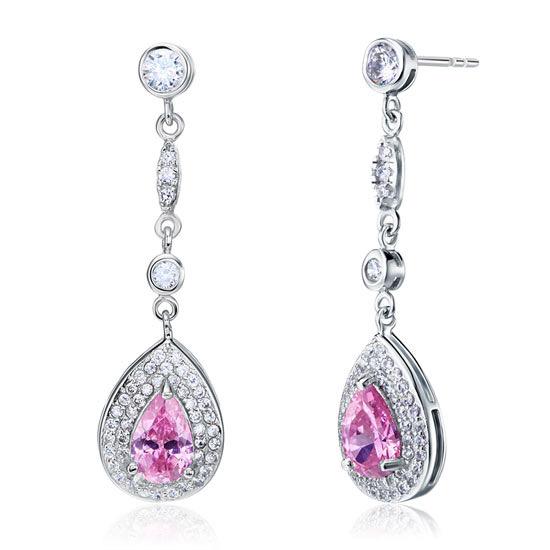 1.50ct each, Vintage Art Deco, Pear Cut Pink Diamond Drop Earrings, 925 Sterling Silver