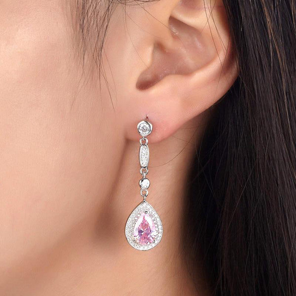 1.50ct each, Vintage Art Deco, Pear Cut Pink Diamond Drop Earrings, 925 Sterling Silver