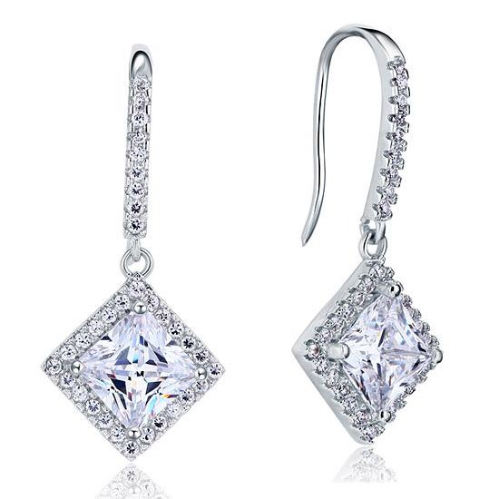 1.50ct each, Vintage Art Deco, Princess Cut Diamond Earrings, 925 Sterling Silver