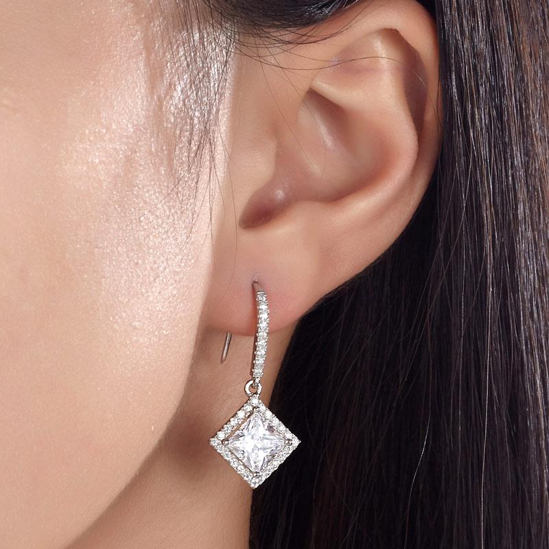 1.50ct each, Vintage Art Deco, Princess Cut Diamond Earrings, 925 Sterling Silver