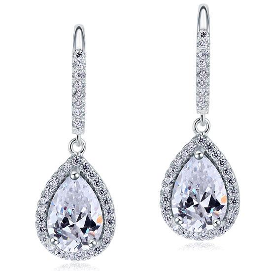2.00ct each, Vintage Art Deco, Pear Cut Diamond Drop Earrings, 925 Sterling Silver