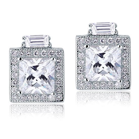 1.00ct each, Vintage Art Deco, Princess Cut Diamond Stud Halo Earrings, 925 Sterling Silver