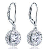 1.00ct each, Vintage Art Deco, Round Cut Diamond Halo Drop Earrings, 925 Sterling Silver