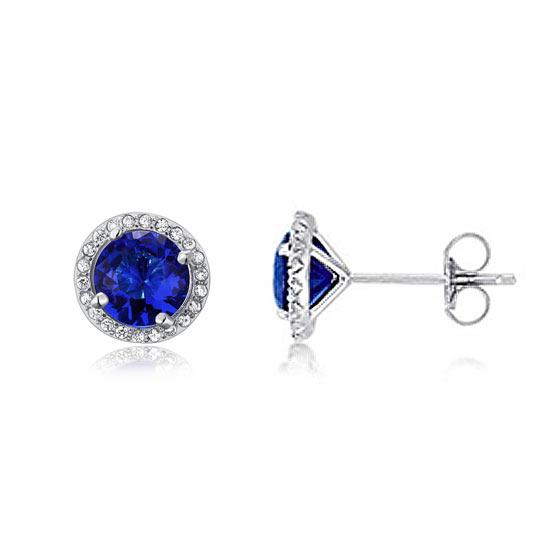1.00ct each, Blue Sapphire, Classic Round Cut Diamond Halo Stud Earrings, 925 Sterling Silver