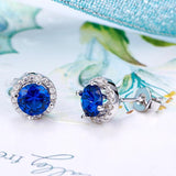1.00ct each, Blue Sapphire, Classic Round Cut Diamond Halo Stud Earrings, 925 Sterling Silver