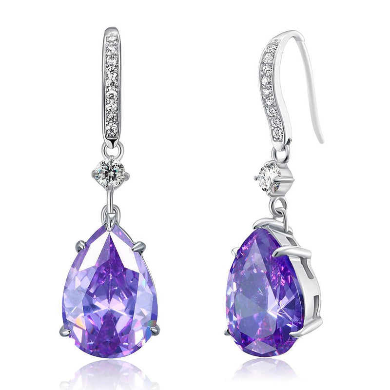4.00ct each, Vintage Art Deco, Pear Cut Purple Amethyst Drop Earrings, 925 Sterling Silver
