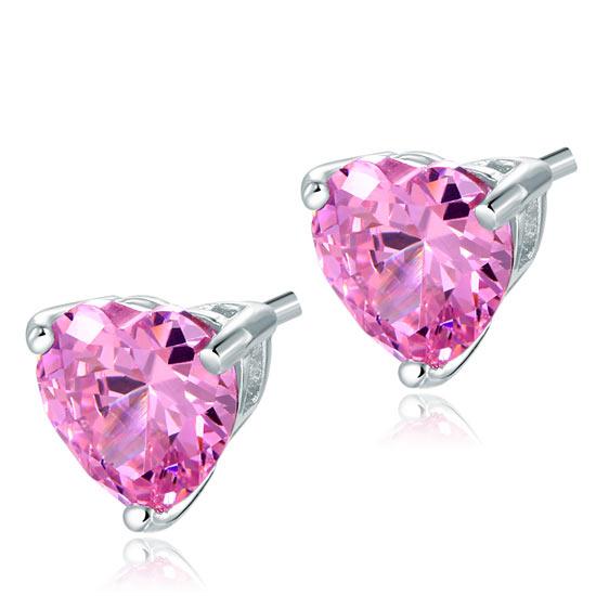 2.00ct each, Pink Diamond, Classic Heart Cut Diamond Stud Earrings, 925 Sterling Silver