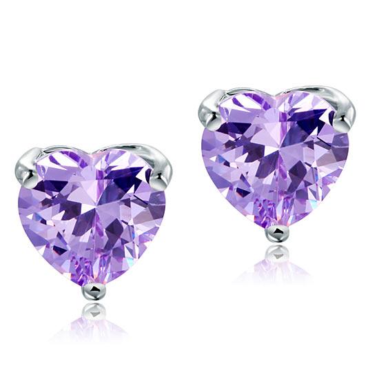 2.00ct each, Purple Amethyst, Classic Heart Cut Diamond Stud Earrings, 925 Sterling Silver