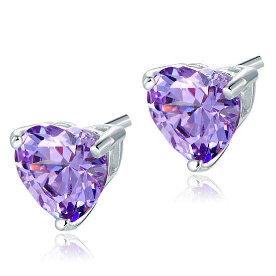 2.00ct each, Purple Amethyst, Classic Heart Cut Diamond Stud Earrings, 925 Sterling Silver