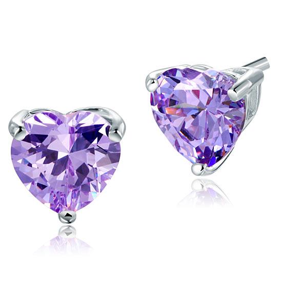 2.00ct each, Purple Amethyst, Classic Heart Cut Diamond Stud Earrings, 925 Sterling Silver