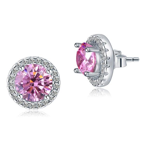 2.50ct Classic Pink Diamond Halo Stud Earrings, Round cut, 925 Sterling Silver
