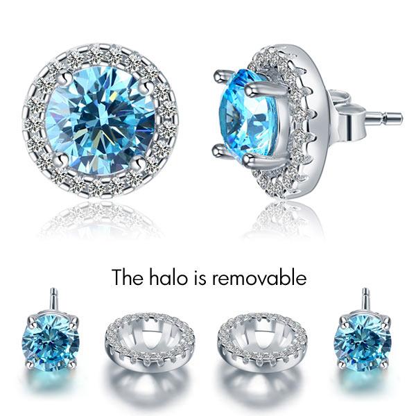 2.50ct Classic Blue Diamond Halo Stud Earrings, Round cut, 925 Sterling Silver