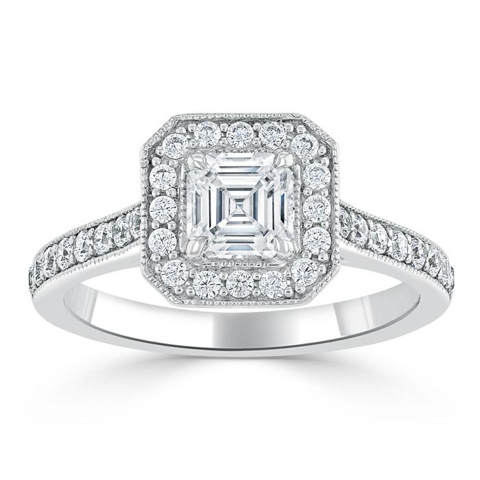 Lab-Diamond Asscher Cut Engagement Ring, Classic Halo, Choose Your Stone Size and Metal