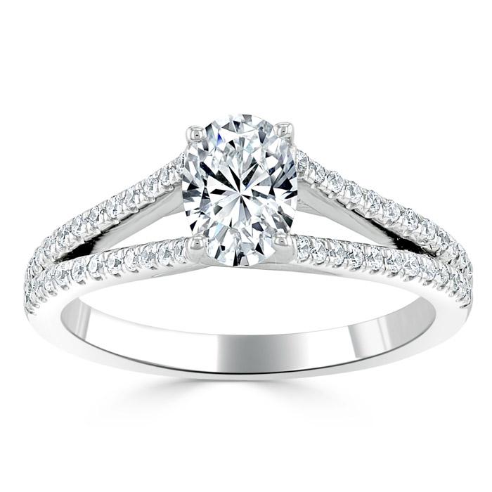1.35ct Oval Cut Moissanite Engagement Ring, Split Shank,  Available in White Gold, Platinum, Rose Gold or Yellow Gold