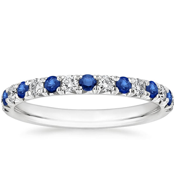 0.70ct Moissanite & Blue Sapphire Wedding Band, Delicate Half Eternity Ring, 2.25mm Wide,  Available in White Gold or Platinum