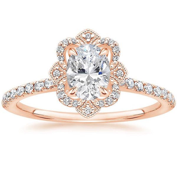 Lab-Diamond Vintage Oval Cut Halo Engagement Ring, Choose Your Stone Size and Metal