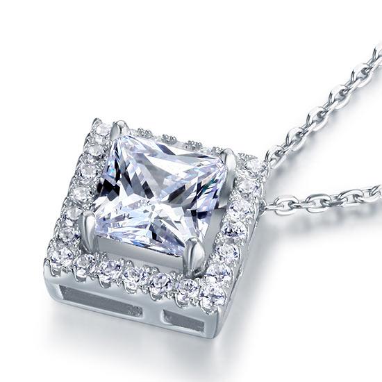 1.50ct Princess Cut Diamond Halo Pendant, Classic Diamond Necklace, 925 Silver