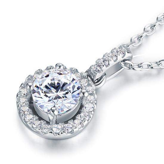 1.00ct Diamond Halo Pendant, Classic Round Cut Diamond Necklace, 925 Silver