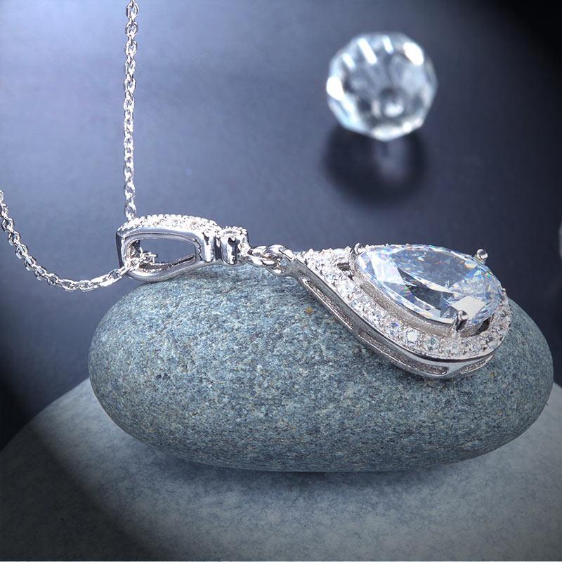 3.00ct Pear Cut Diamond Halo Pendant, Bridal Diamond Necklace, 925 Silver