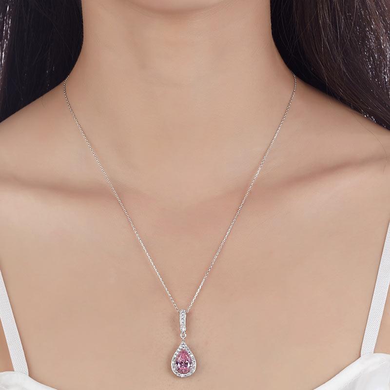 3.00ct Pear Cut Pink Diamond Halo Pendant, Bridal Diamond Necklace, 925 Silver