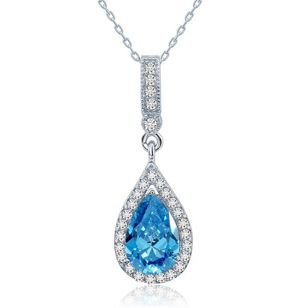 3.00ct Pear Cut Blue Diamond Halo Pendant, Bridal Diamond Necklace, 925 Silver