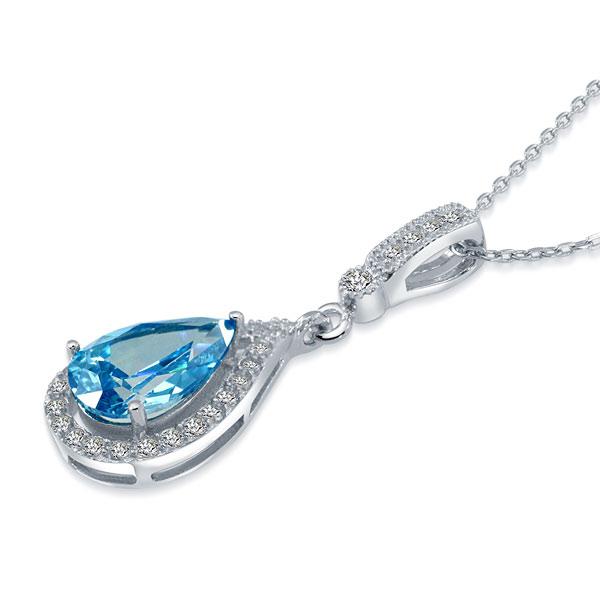 3.00ct Pear Cut Blue Diamond Halo Pendant, Bridal Diamond Necklace, 925 Silver