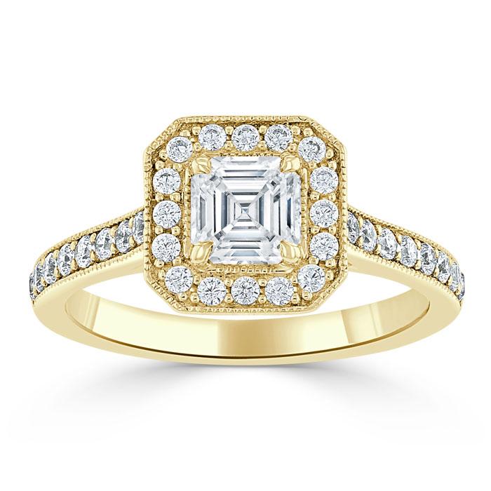 1.40ct Asscher Cut Moissanite Engagement Ring, Classic Halo, Available in White Gold, Platinum, Rose Gold or Yellow Gold