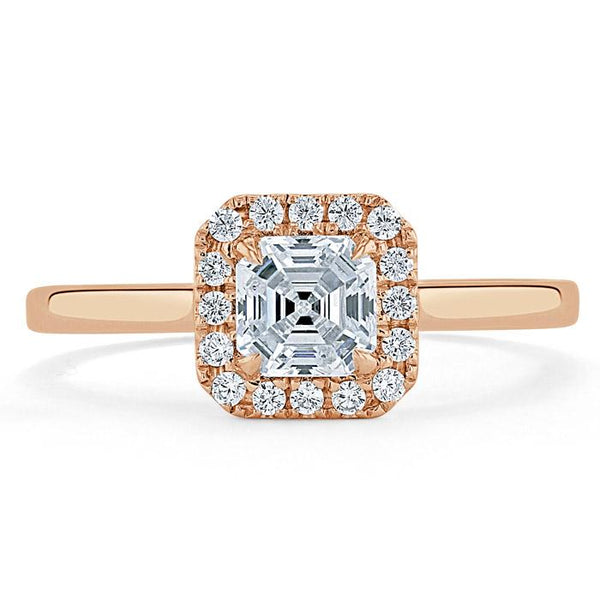 0.75ct Asscher Cut Moissanite Halo Engagement Ring, Available in White Gold or Platinum