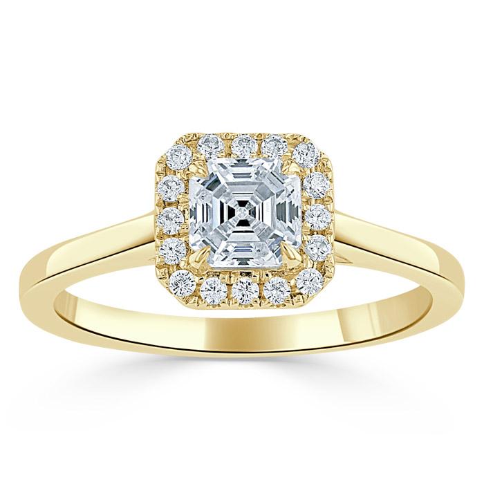 0.75ct Asscher Cut Moissanite Halo Engagement Ring, Available in White Gold or Platinum