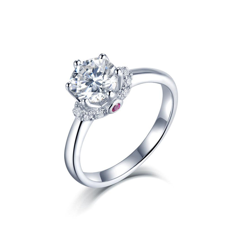 1.00ct Moissanite Engagement Ring, Classic Six Claw with Ruby, Sterling Silver & Platinum