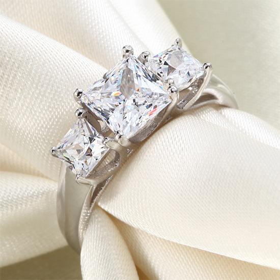 1.50ct 3 Stone Princess Cut, Half Eternity Diamond Ring, 925 Sterling Silver