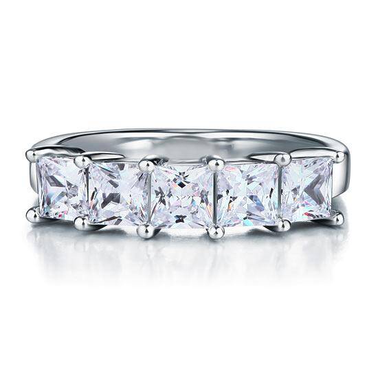 1.25ct 5 Stone Princess Cut, Half Eternity Diamond Ring, 925 Sterling Silver