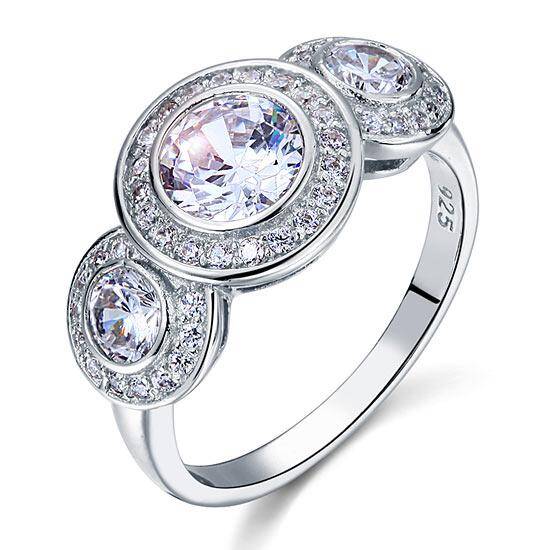 2.50ct Art Deco 3 Stone Engagement Ring, Diamond Halo Surround, 925 Silver