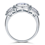 2.50ct Art Deco 3 Stone Engagement Ring, Diamond Halo Surround, 925 Silver
