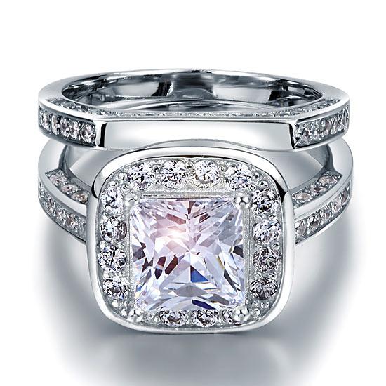 2.00ct Princess Cut Diamond Halo Bridal Ring Set, 925 Sterling Silver