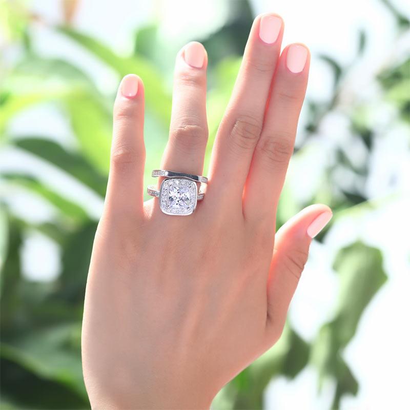 2.00ct Princess Cut Diamond Halo Bridal Ring Set, 925 Sterling Silver