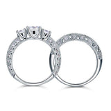 1.50ct 3 Stone Vintage Round Cut Diamond Bridal Ring Set, 925 Sterling Silver