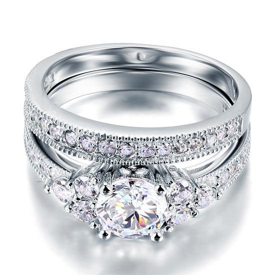 1.00ct Vintage Round Cut Diamond Bridal Ring Set, 925 Sterling Silver