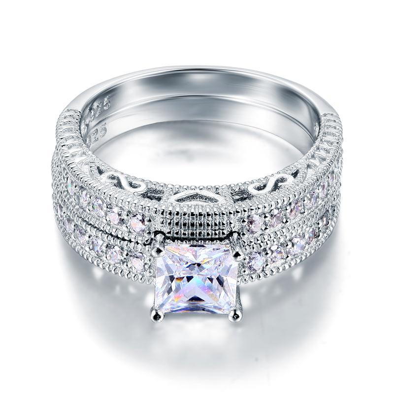 1.00ct Vintage Princess Cut Diamond Bridal Ring Set 925 Sterling