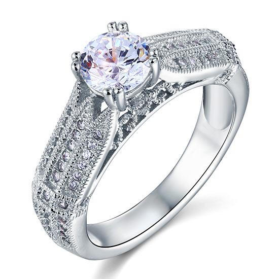 1.00ct Vintage Round Cut Diamond Engagement Ring, 925 Sterling Silver